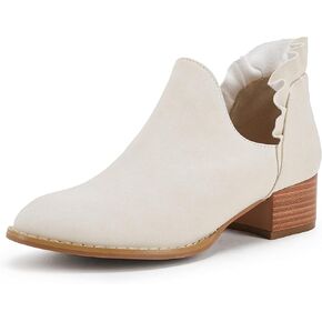 FISACE Womens Ruffled Ankle Boots V Cut Out Pointed Toe Chunky Low Heel Dressy Western Booties