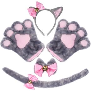 Spooktacular Creations 5 Pcs Kitty Cat Costume Accessories with Cat Ears Headband, Paws Gloves, Bow Tie, Tail Accessories