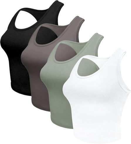 4 Pieces Women's Crop Tops Cotton Basic Tank Tops Racerback Sleeveless Sports Workout Crop Tank Tops in Kuwait