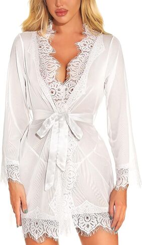 RSLOVE Women Lace Kimono Robe Sexy Babydoll Lingerie Mesh Cover Up Bridal Lingerie in Kuwait