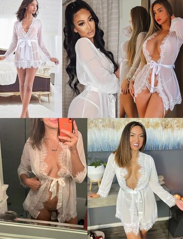 RSLOVE Women Lace Kimono Robe Sexy Babydoll Lingerie Mesh Cover Up Bridal Lingerie in Kuwait