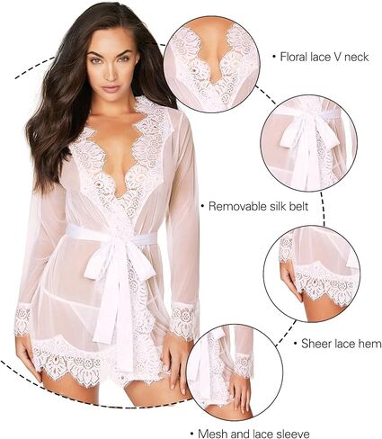 RSLOVE Women Lace Kimono Robe Sexy Babydoll Lingerie Mesh Cover Up Bridal Lingerie in Kuwait