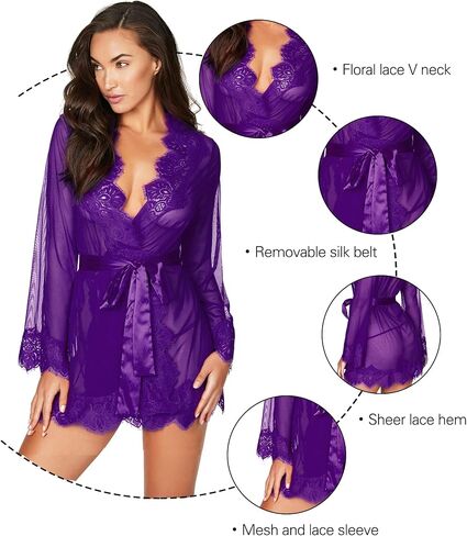 RSLOVE Women Lace Kimono Robe Sexy Babydoll Lingerie Mesh Cover Up Bridal Lingerie in Kuwait