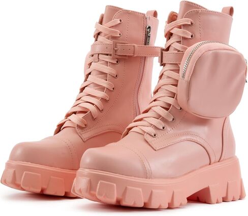 Cape Robbin Women's Platform Combat Boots - Lace Up Chunky Ankle Booties with Built-in Zippered Pouch - Side Zipper Lug Sole Boots with Buckle Strap Round Toe (Monalisa) in Saudi Arabia