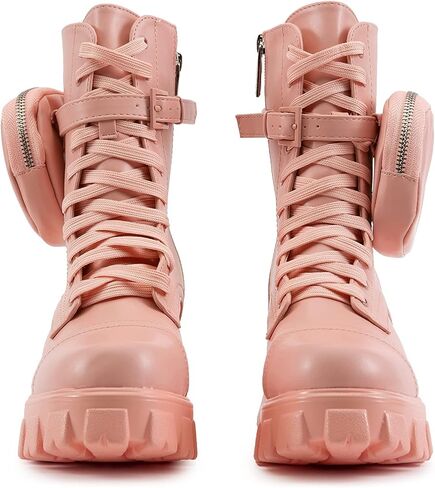 Cape Robbin Women's Platform Combat Boots - Lace Up Chunky Ankle Booties with Built-in Zippered Pouch - Side Zipper Lug Sole Boots with Buckle Strap Round Toe (Monalisa) in Saudi Arabia