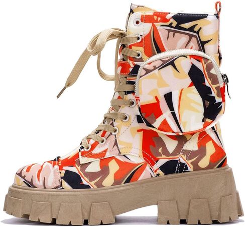 Cape Robbin Women's Platform Combat Boots - Lace Up Chunky Ankle Booties with Built-in Zippered Pouch - Side Zipper Lug Sole Boots with Buckle Strap Round Toe (Monalisa) in Kuwait