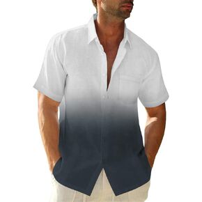 Mens Gradient Linen Shirts Casual Button Down Short Sleeve Beach Summer Shirts in Saudi Arabia