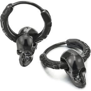 Mens Womens Stainless Steel Vintage Circle Huggie Hinged Hoop Earrings Dangle with Skulls, 2pcs