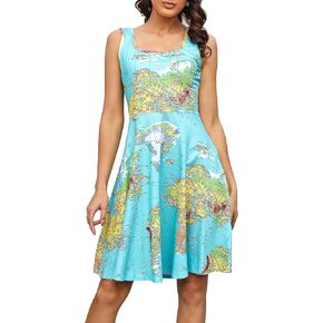 Fanient Womens Sleeveless Dress Casual Print Scoop Neck Sundress A Line Midi Dresses