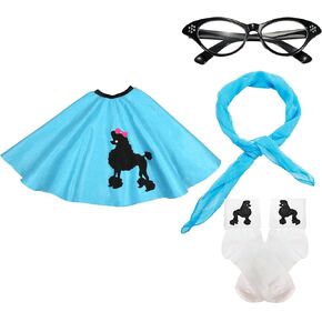 50s Girls Costume Accessory Set - Poodle Skirt, Chiffon Scarf, Cat Eye Glasses,Bobby Socks