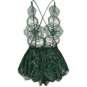 MakeMeChic Women's Lace Teddy Lingerie Deep V Backless Sleeveless Romper Sleepwear in Saudi Arabia