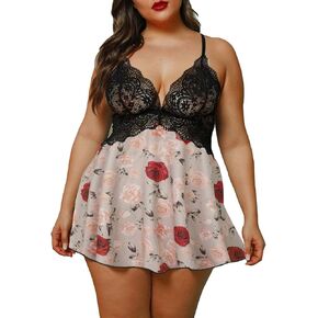 XAKALAKA Women Plus Size Lingerie Lace V Neck Babydoll Strap Chemise Sleepwear Nightie
