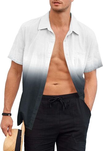 Mens Gradient Linen Shirts Casual Button Down Short Sleeve Beach Summer Shirts in Kuwait