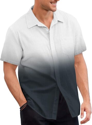 Mens Gradient Linen Shirts Casual Button Down Short Sleeve Beach Summer Shirts in Kuwait