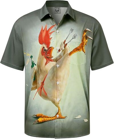 Hardaddy Men's Gongfu Rooster Chest Pocket Printed Short Sleeve Button Down Summer Casual Shirt in Saudi Arabia