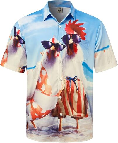 Hardaddy Men's Gongfu Rooster Chest Pocket Printed Short Sleeve Button Down Summer Casual Shirt in Saudi Arabia
