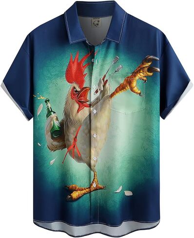 Hardaddy Men's Gongfu Rooster Chest Pocket Printed Short Sleeve Button Down Summer Casual Shirt in Saudi Arabia