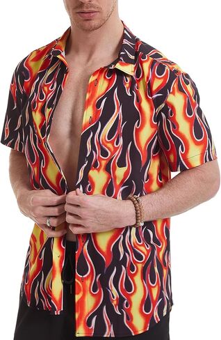 Men's Flame Stylish 3D Printed Graphic Short Sleeve Shirts Casual Fashion Print Button Down Shirt in Kuwait