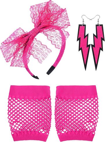 Blulu 80's Lace Headband النيون قفازات أصابع شبكة صيد السمك لحفلة الثمانينات in Kuwait