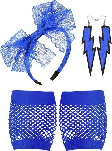 Blulu 80's Lace Headband النيون قفازات أصابع شبكة صيد السمك لحفلة الثمانينات in Kuwait