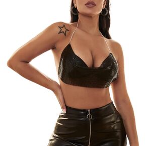 Women Shiny Metal Sequin Crop Top Sexy Backless Halter Tank Top Camisole for Party Clubwear