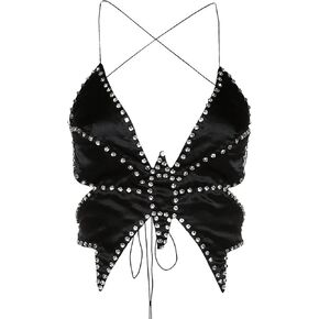 JUMISEE Women Sparkly Rhinestone Butterfly Crop Top Sexy Satin V Neck Bakless Lace Up Cami Tank Top for Rave Festival in Saudi Arabia
