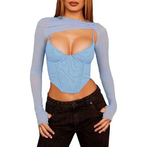 Meladyan Women Sexy Long Sleeve Mesh Crop Top Solid Cover Up Spaghetti Strap Slim Fit Corset Cami 2 pieces Clubwear