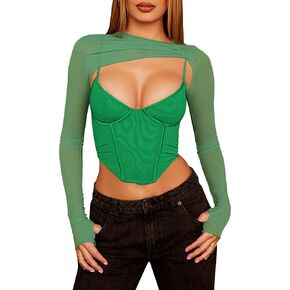 Meladyan Women Sexy Long Sleeve Mesh Crop Top Solid Cover Up Spaghetti Strap Slim Fit Corset Cami 2 pieces Clubwear