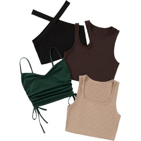 Milumia Women's 4 Piece Ribbed Knit Cut Out Drawstring Sleeveless Crop Tank Tops Set