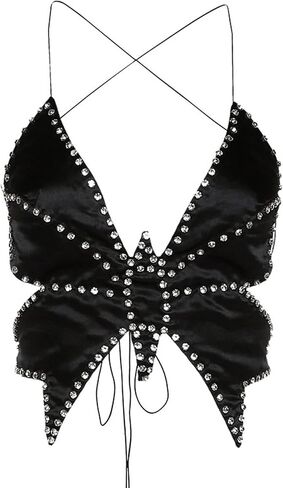 JUMISEE Women Sparkly Rhinestone Butterfly Crop Top Sexy Satin V Neck Bakless Lace Up Cami Tank Top for Rave Festival in Kuwait