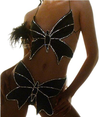 JUMISEE Women Sparkly Rhinestone Butterfly Crop Top Sexy Satin V Neck Bakless Lace Up Cami Tank Top for Rave Festival in Kuwait