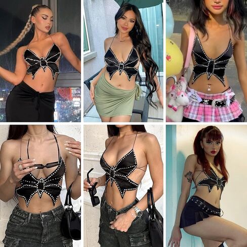 JUMISEE Women Sparkly Rhinestone Butterfly Crop Top Sexy Satin V Neck Bakless Lace Up Cami Tank Top for Rave Festival in Kuwait