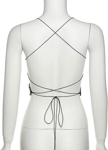JUMISEE Women Sparkly Rhinestone Butterfly Crop Top Sexy Satin V Neck Bakless Lace Up Cami Tank Top for Rave Festival in Kuwait