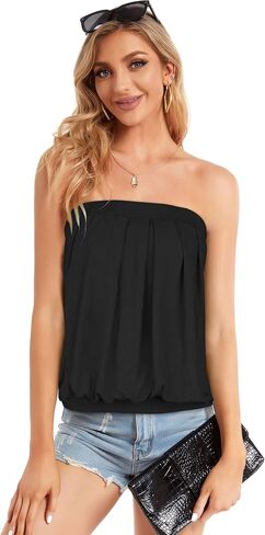 CHICGAL Women's Tube Tops Summer Casual Bandeau Tank Casual Strapless Blouse Off The Shoulder Tunic Shirts in Kuwait