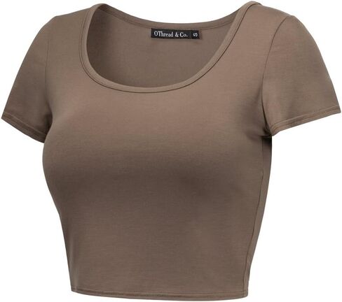 OThread & Co. Women's Basic Crop Tops Stretchy Casual Scoop Neck Cap Sleeve Shirt in Kuwait