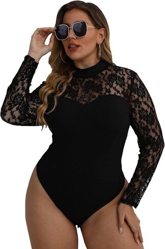 بدلة نسائية WDIRARA مقاس كبير من الدانتيل برقبة وهمية شبكية وأكمام طويلة in Kuwait