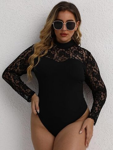 بدلة نسائية WDIRARA مقاس كبير من الدانتيل برقبة وهمية شبكية وأكمام طويلة in Kuwait