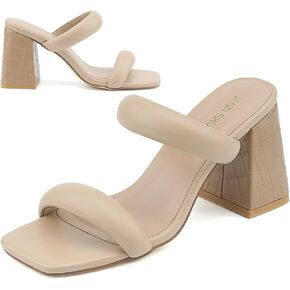 JENN ARDOR Womens Chunky Heeled Mule Sandals Square Toe Block Heels Two Braid Strap Backless Pumps Dressy Sandals