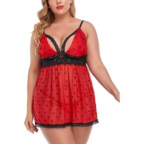 Women's Plus Size Lingerie Red Babydoll Lace Split Cup Sleepwear Chemise Set