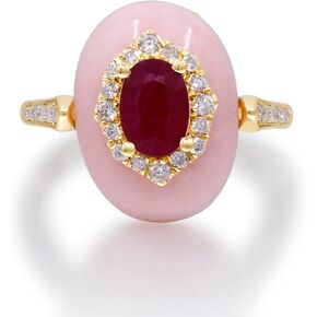 Gin & Grace 14K Yellow Gold Mozambique Genuine Ruby and Pink Opal Ring with Diamonds for women | Ethically, authentically & organically sourced (Oval-cut) shaped Ruby hand-crafted jewelry for her | Ruby Ring for women in Kuwait