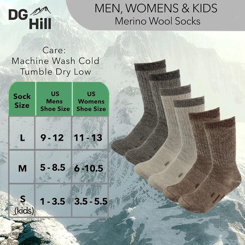 DG Hill Merino Wool Socks for Men Women - 3 or 6 Pairs 80% Wool - Hiking Socks Warm Socks Crew Style Thermal Moisture Wicking in Kuwait