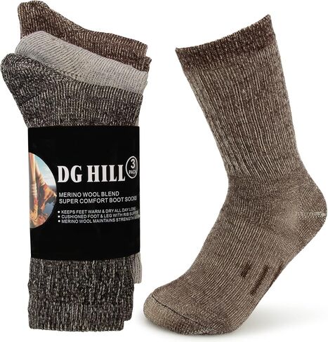 DG Hill Merino Wool Socks for Men Women - 3 or 6 Pairs 80% Wool - Hiking Socks Warm Socks Crew Style Thermal Moisture Wicking in Kuwait
