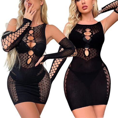 RechicGu Women's Fishnet Lingerie Mesh Hole Chemise Lingerie Long Sleeved Babydoll Bodysuit Dress Free Size for Women Girls in Saudi Arabia
