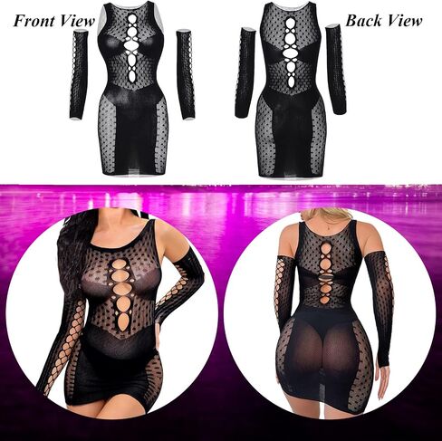 RechicGu Women's Fishnet Lingerie Mesh Hole Chemise Lingerie Long Sleeved Babydoll Bodysuit Dress Free Size for Women Girls in Saudi Arabia