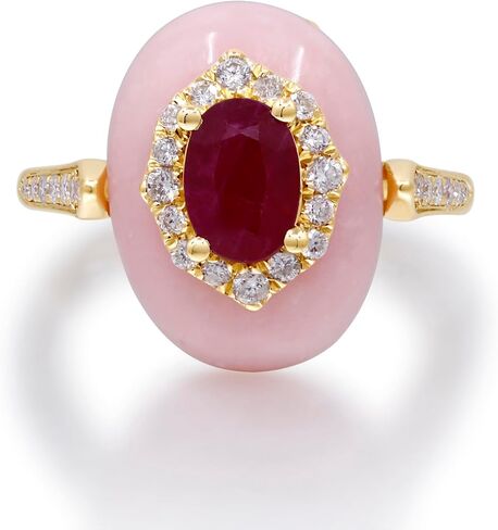 Gin & Grace 14K Yellow Gold Mozambique Genuine Ruby and Pink Opal Ring with Diamonds for women | Ethically, authentically & organically sourced (Oval-cut) shaped Ruby hand-crafted jewelry for her | Ruby Ring for women in Saudi Arabia