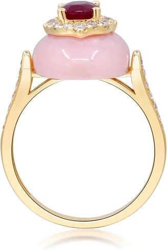 Gin & Grace 14K Yellow Gold Mozambique Genuine Ruby and Pink Opal Ring with Diamonds for women | Ethically, authentically & organically sourced (Oval-cut) shaped Ruby hand-crafted jewelry for her | Ruby Ring for women in Saudi Arabia