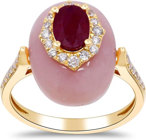 Gin & Grace 14K Yellow Gold Mozambique Genuine Ruby and Pink Opal Ring with Diamonds for women | Ethically, authentically & organically sourced (Oval-cut) shaped Ruby hand-crafted jewelry for her | Ruby Ring for women in Saudi Arabia