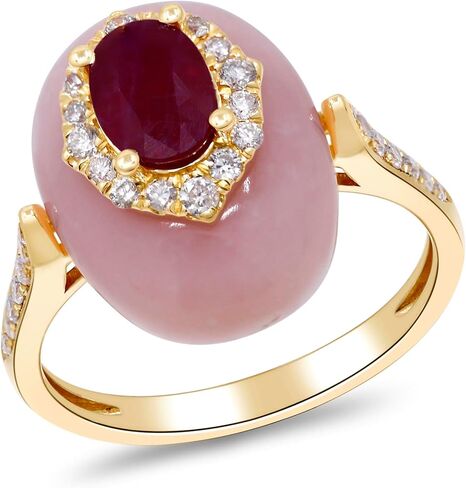 Gin & Grace 14K Yellow Gold Mozambique Genuine Ruby and Pink Opal Ring with Diamonds for women | Ethically, authentically & organically sourced (Oval-cut) shaped Ruby hand-crafted jewelry for her | Ruby Ring for women in Saudi Arabia