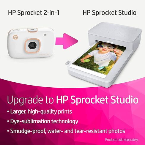 HP Sprocket 2-in-1 Portable Photo Printer & Instant Camera, print social media photos on 2x3" sticky-backed paper (2FB96A), 2:1 White, 4.8 x 3 x 1.1 in Kuwait