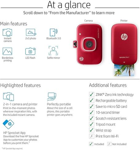 HP Sprocket 2-in-1 Portable Photo Printer & Instant Camera, print social media photos on 2x3" sticky-backed paper (2FB96A), 2:1 White, 4.8 x 3 x 1.1 in Kuwait